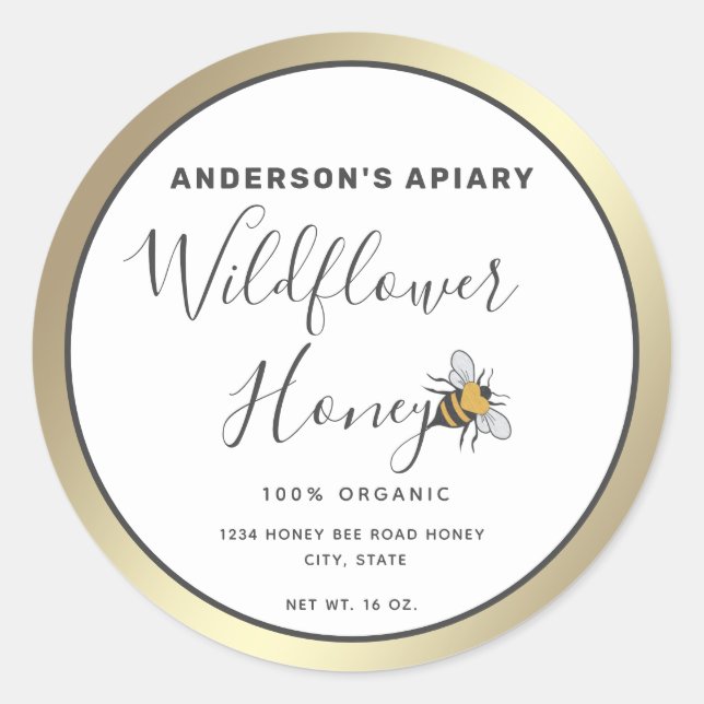 Pegatina Redonda Abeja de miel de corazón moderno (Anverso)