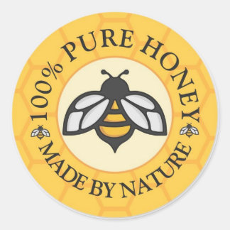 Pegatina Redonda Abeja de Miel Dorada y Panal - Miel Natural 100% P