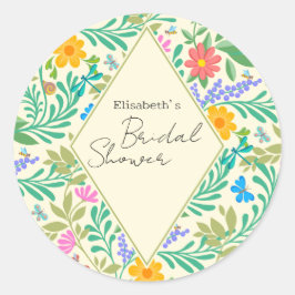 Pegatina Redonda Abeja de miel, galimatías, mariposa, libélula y fl