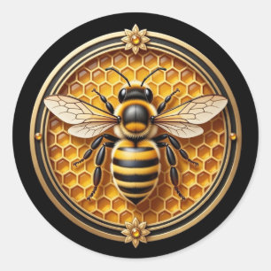 Pegatina Redonda Abeja de Miel Negra y Dorada