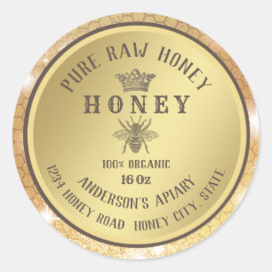 Pegatina Redonda Abeja de oro rústico vintage crema de miel de abej