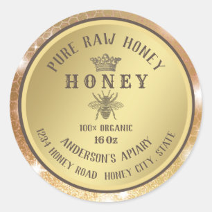 Pegatina Redonda Abeja de oro rústico vintage crema de miel de abej