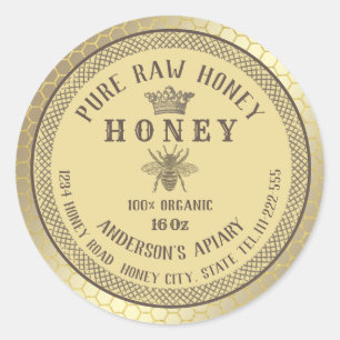 Pegatina Redonda Abeja de oro rústico vintage crema de miel de abej