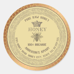 Pegatina Redonda Abeja de oro rústico vintage crema de miel de abej