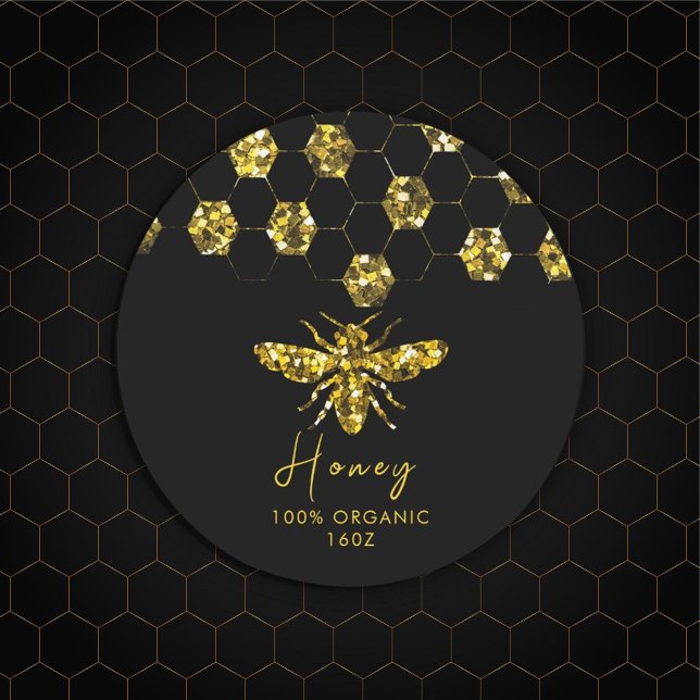 Pegatina Redonda Abeja dorada Sparkle Sequin (#Luxurious #beelogo #honeylabel #goldframe #customlogobusinesssticker #etsybusinesssticker #sequin)