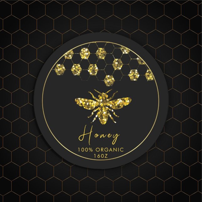Pegatina Redonda Abeja dorada Sparkle Sequin (#Luxurious #beelogo #honeylabel #goldframe #customlogobusinesssticker #etsybusinesssticker #sequin)