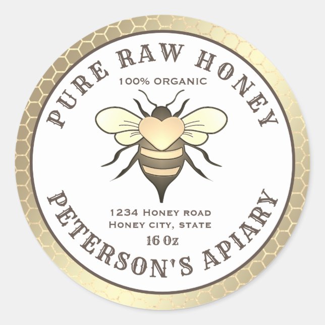Pegatina Redonda Abeja dorada vendimiosa tarro (Anverso)
