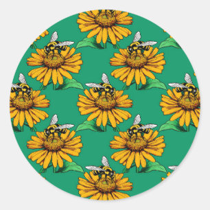 Pegatina Redonda Abeja en diseño de patrón de flor de girasol verde