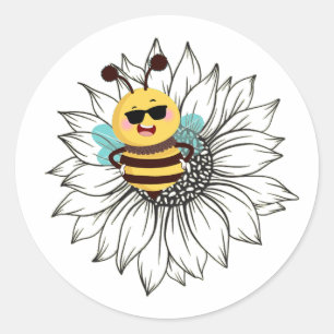 Pegatina Redonda abeja en un girasol