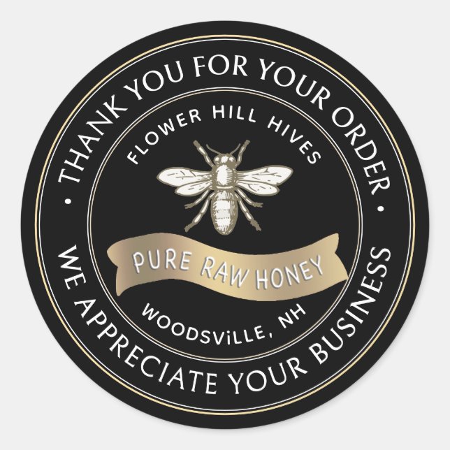 Pegatina Redonda Abeja francesa con pancarta de oro gracias (Anverso)