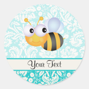 Pegatina Redonda Abeja linda; Modelo verde azulado del damasco