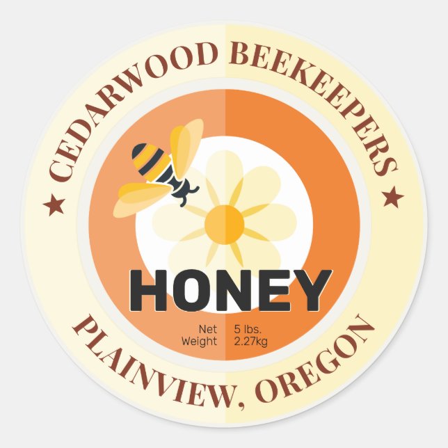 Pegatina Redonda Abeja moderna y flores Marfil Honey Jar (Anverso)