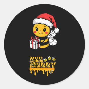 Pegatina Redonda Abeja Navidades De Bee Merry Cute Con Santa Hat Ho