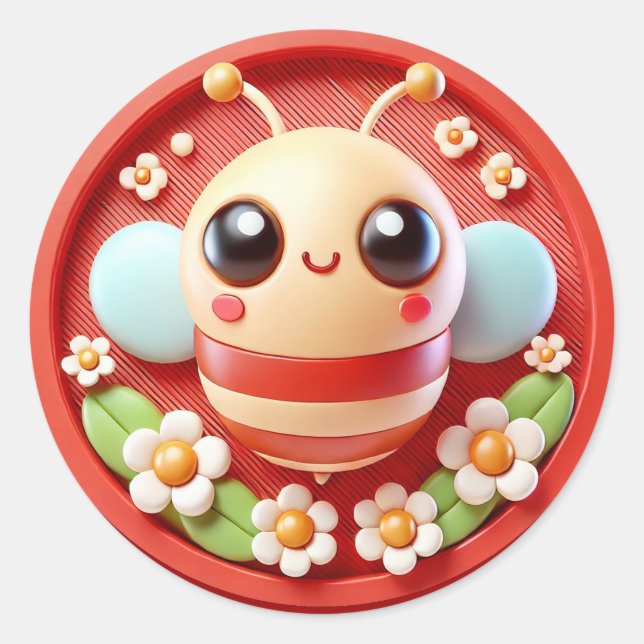 Pegatina Redonda Abeja Personalizado Adorable Con Flores Decoradas (Anverso)