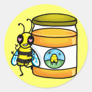 Pegatina Redonda Abeja personalizado apoyándose en un tarro de miel