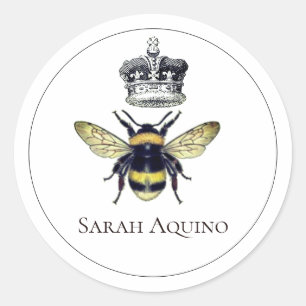 Pegatina Redonda Abeja Real Y Corona Nombre Personalizado