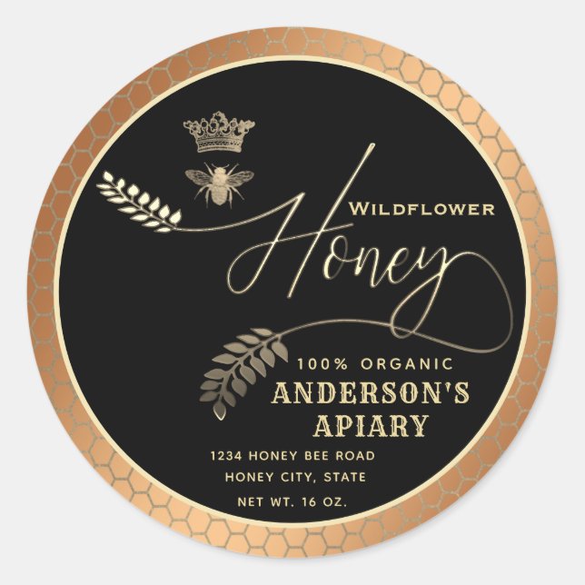Pegatina Redonda Abeja reina de escritura de miel moderna (Anverso)