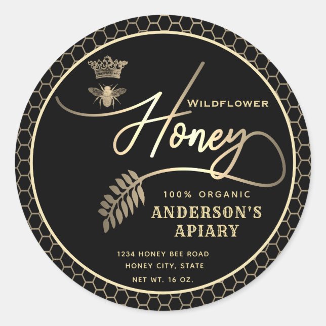 Pegatina Redonda Abeja reina de escritura de miel moderna (Anverso)