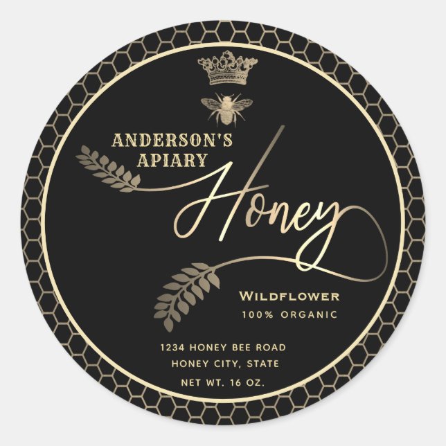 Pegatina Redonda Abeja reina de escritura de rama de jarro de miel  (Anverso)