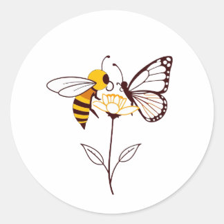 Pegatina Redonda Abeja y mariposa en la flor | Ártico inspirado en 