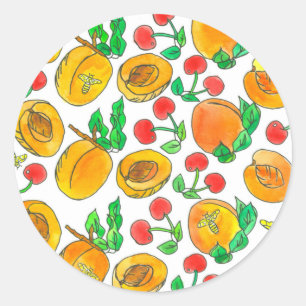 Pegatina Redonda Abejas Apricots Fresas Fruta acuática
