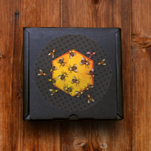 Pegatina Redonda Abejas con arte de dibujo de hexágono amarillo nar