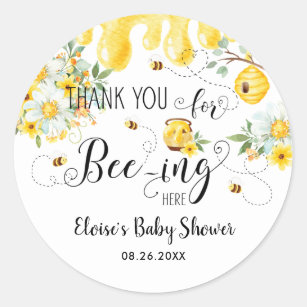 Pegatina Redonda Abejas Cute Bee Floral Cumpleaños Baby Shower Favo