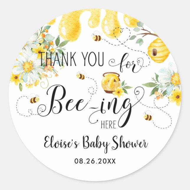 Pegatina Redonda Abejas Cute Bee Floral Cumpleaños Baby Shower Favo (Anverso)