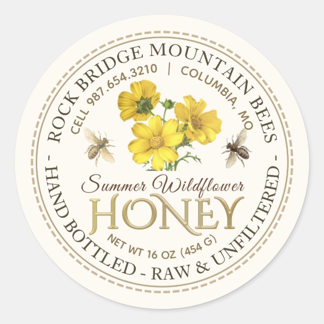 Pegatina Redonda Abejas de época y miel de flores silvestres (Anverso)