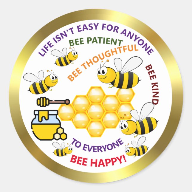 Pegatina Redonda Abejas de miel cutas útiles y felices (Anverso)