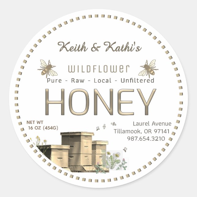 Pegatina Redonda Abejas del patio trasero de miel y jardincito de a (Anverso)