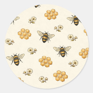 Pegatina Redonda Abejas Melíferas y Patrón Continuo de Panal