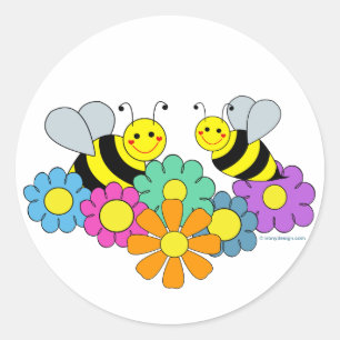 Pegatina Redonda Abejas y flores