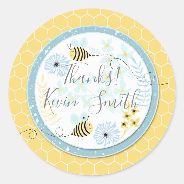 Pegatina Redonda abejorros personalizados sobre un fondo azul, amar (Anverso)