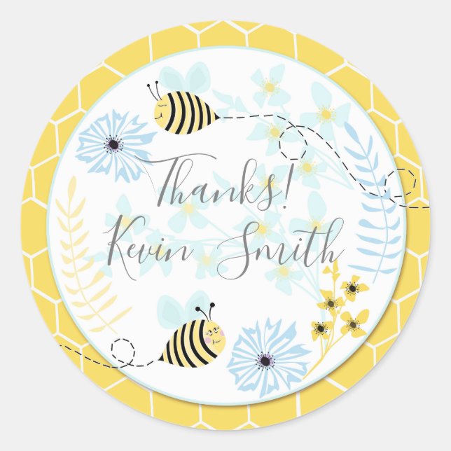 Pegatina Redonda abejorros personalizados sobre un fondo azul, amar (Anverso)