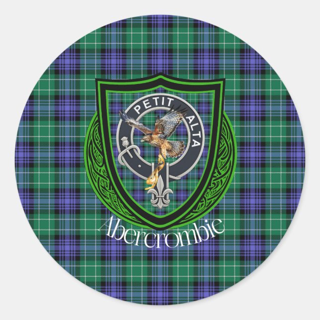 Pegatina Redonda Abercrombie Scottish Clan Tartan & Escudo (Anverso)