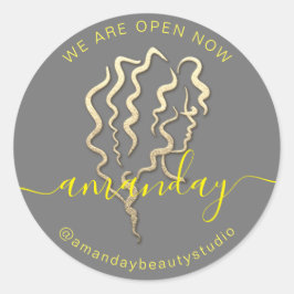 Pegatina Redonda Abierto Logotipo Oro Gris Nombre Amarillo Belleza