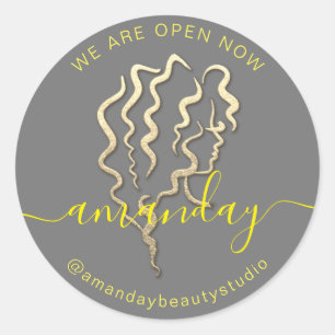 Pegatina Redonda Abierto Logotipo Oro Gris Nombre Amarillo Belleza 