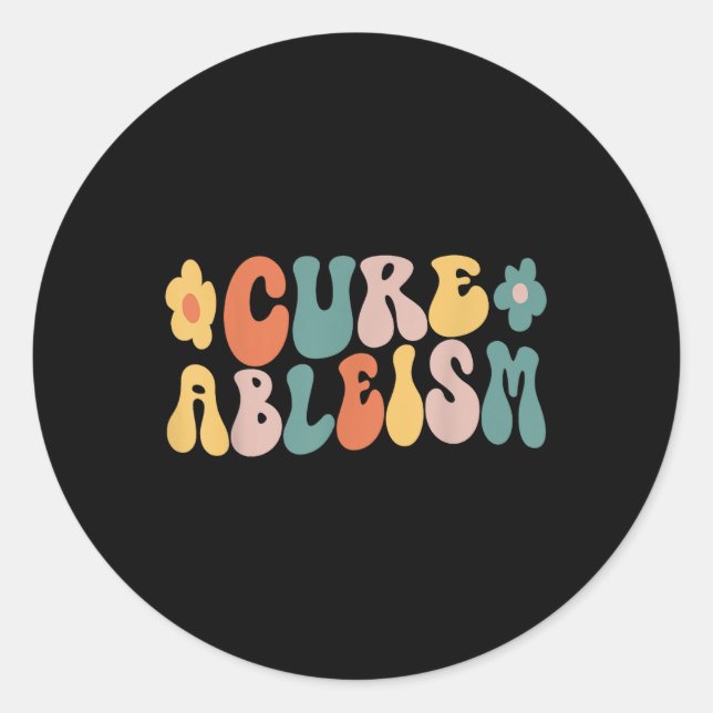 Pegatina Redonda Ableísmo Cure Groovy Wavy Textos _ Discapacidad R (Anverso)