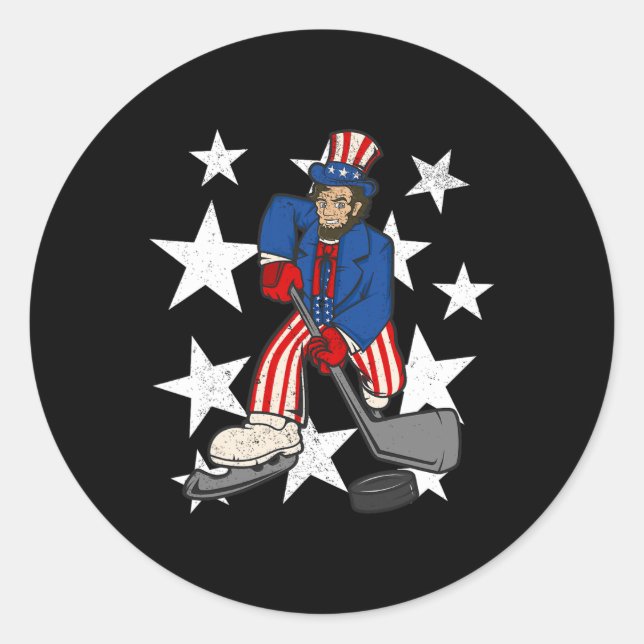 Pegatina Redonda Abraham Lincoln jugando a la diversión de hockey 4 (Anverso)