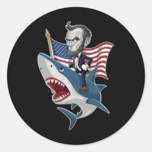 Pegatina Redonda Abraham Lincoln Riding A Shark 4 De Julio Patriot