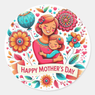 Pegatina Redonda Abrazo de Madre e Hija Floral Día de la Madre