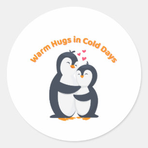 Pegatina Redonda Abrazo de Pingüino Adorable – Amor Invernal