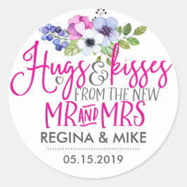 Pegatina Redonda Abrazos y besos del nuevo señor y la señora Floral