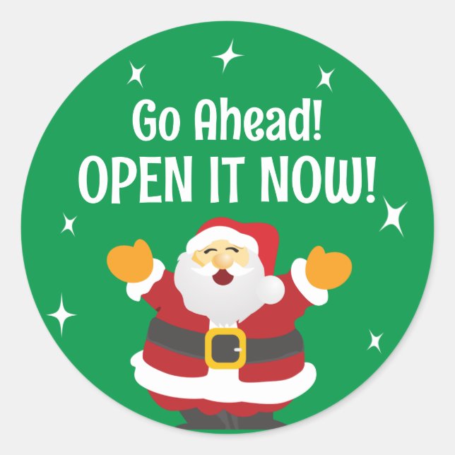 Pegatina Redonda Abrir el paquete Now con Navidades de Santa (Anverso)