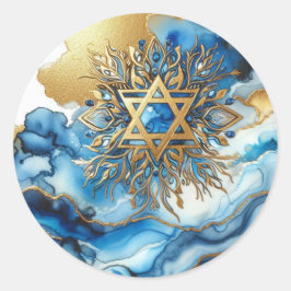 Pegatina Redonda Abstract Blue Gold Contemporary Star Of David