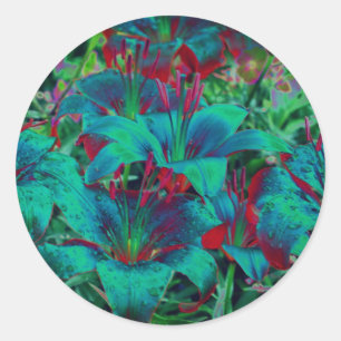 Pegatina Redonda Abstract Blue Lily Flowers