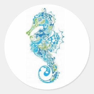 Pegatina Redonda Abstract Blue Seahorse