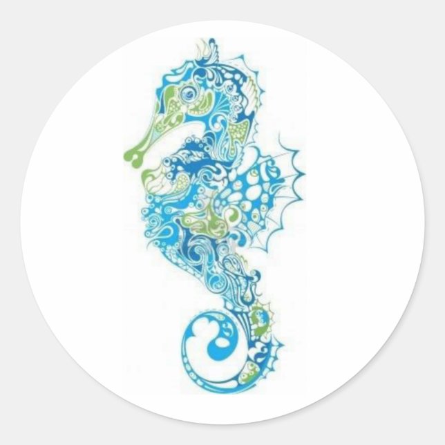 Pegatina Redonda Abstract Blue Seahorse (Anverso)