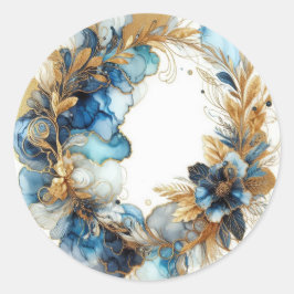Pegatina Redonda Abstract Floral Gold Blue Wreath Watercolor Chic